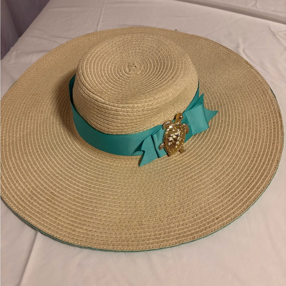 Mud Pie Tan Sun Hat with Teal Ribbon and Gold Accent
